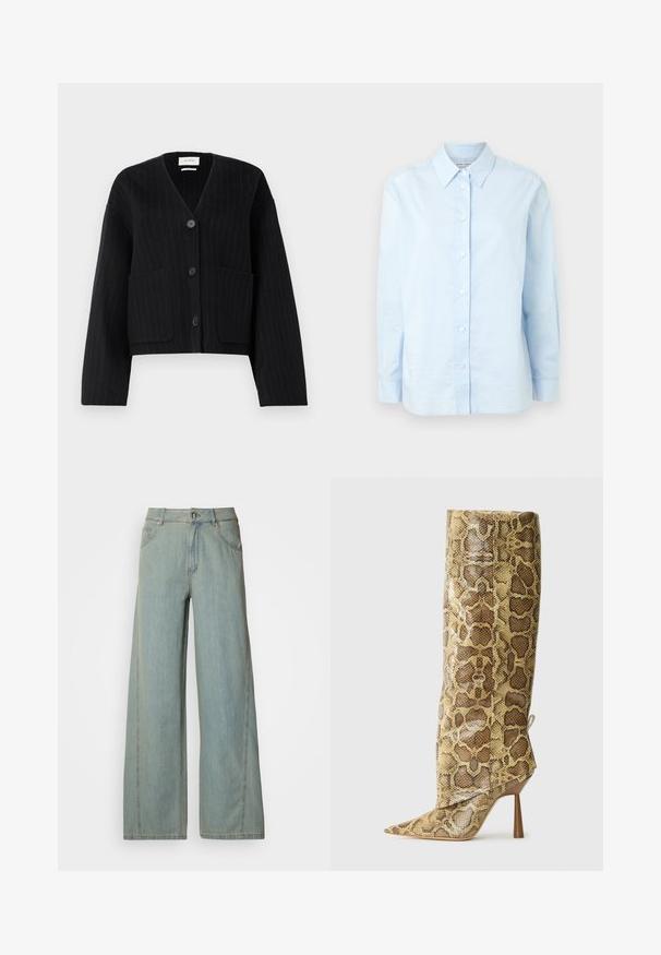 Sort vest cardigan med striber og knapper, V-hals og to frontlommer på ensfarvet hvid baggrund.; Samsøe Samsøe SANOS SHIRT - Skjortebluser - skyway; Lyseblå bredbuks jeans lavet af denim, med knap- og lynlås-lukning, fem lommer og kontrasterende syninger.; Høje kvinders stiletto-støvler med spids tå og brunt og beige slangeskindsstruktur, vist i profil på en ensfarvet lys baggrund.