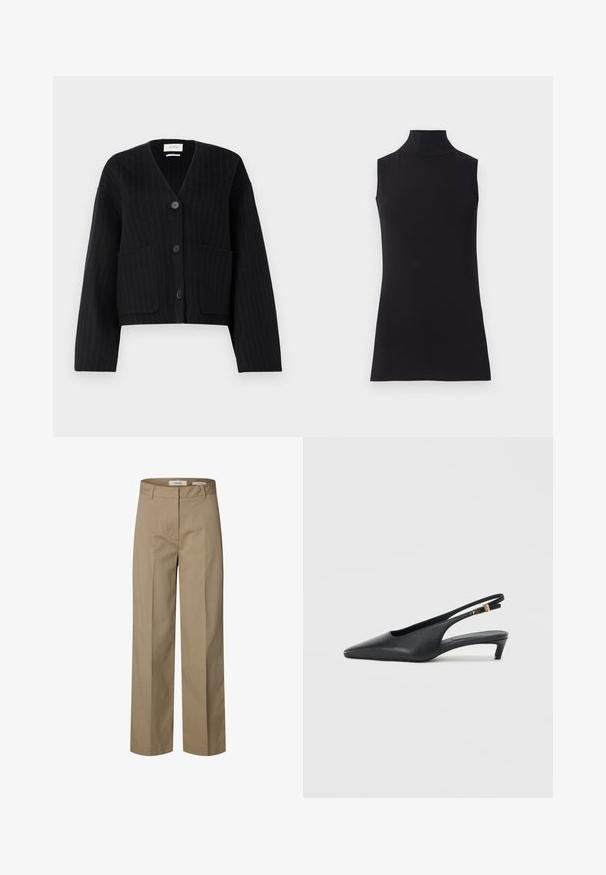Cardigan noir à rayures avec boutons, en V et deux poches avant sur fond blanc uniforme.; Haut sans manches noir en col roulé, fabriqué à partir d'un tissu lisse. Design ajusté avec un col haut et un ourlet droit, minimaliste et de couleur unie.; Pantalon beige à jambes droites avec passants pour ceinture, détail de couture avant et fermeture avant cachée.; Des escarpins à talon ouvert noirs avec un bout pointu, une texture en cuir lisse, un petit talon aiguille, et une sangle avec un accent de boucle en métal.
