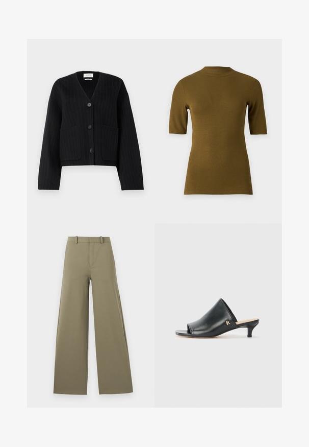 Cardigan noir à rayures avec boutons, en V et deux poches avant sur fond blanc uniforme.; Haut à manches courtes en olive côtelé avec un col montant et une forme ajustée. Fabriqué à partir d'un tissu doux et extensible pour le confort.; Pantalons larges en vert olive clair avec une texture lisse, dotés d'une fermeture éclair sur le devant, de passants de ceinture et de deux poches latérales.; Mules ouverts en cuir noir avec un talon bas. Présentent une surface lisse et un accent logo doré sur le côté.