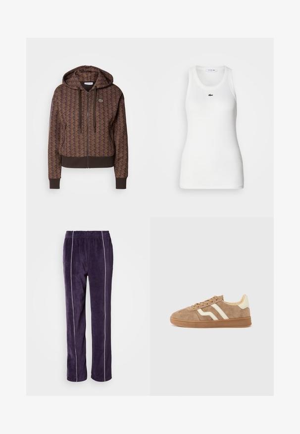Brun lynlås hættejakke med et helt overflade geometrisk mønster, justerbare snore, ribbede manchetter og en kontrasterende kant. Lacoste logo på brystet.; Hvid ærmeløs tanktop med rund halsudskæring og ribbet tekstur. Har et lille grønt Lacoste krokodillelogo på brystet.; Lacoste Træningsbukser - dark blue; Brun ruskindsneaker med hvide accentstriber, rund tå, beige inderside og gummiydersål. Snørebånd med tekstureret overflade.