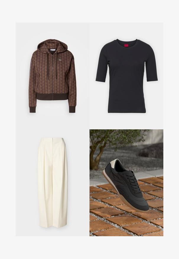 Brun lynlås hættejakke med et helt overflade geometrisk mønster, justerbare snore, ribbede manchetter og en kontrasterende kant. Lacoste logo på brystet.; Sort bomulds T-shirt med korte ærmer, rund halsudskæring og et minimalistisk design. Har et rødt mærke ved halsudskæringen.; Kremfarvede bukser med højtaljet, vide ben, forlommer med folder, skjult frontlynlås og bæltestropper.; Sort-hvid sneaker med tekstureret sål, der svæver over træklodser arrangeret med små hvide sten udendørs.