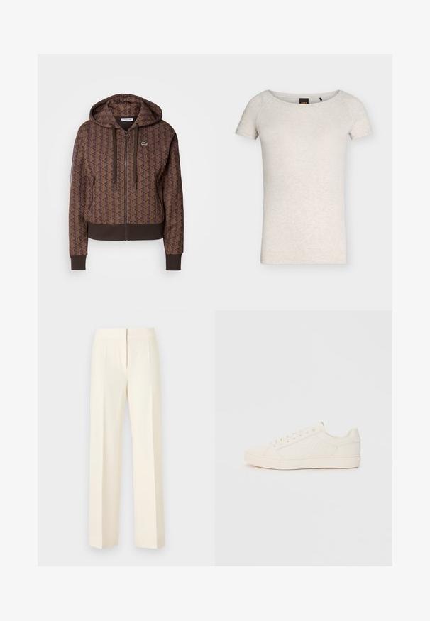 Ruskea vetoketjuhuppari, jossa on koko tekstuurilla oleva geometrinen kuvio, säädettävät nyörit, resorit hihansuissa ja erottuva helma. Lacoste-logo rinnassa.; Beige lyhythihainen pyöreäkauluksinen T-paita, jossa on hienovarainen meleerattu rakenne ja musta etiketti kauluksen sisäpuolella.; Off-white räätälöidyt suorat housut, joissa on etutaitos, vyötärönauha ja piilotettu edestä kiinnitys, yksinkertaisella taustalla.; Tennarit, jotka on valmistettu vaaleanvuohen värisestä nahasta, jossa on kohokuvioitu logodesign, pyöreä kärki, litteä pohja ja kuusi reikää nauhoja varten.