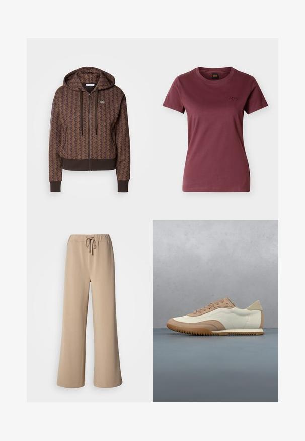 Brun lynlås hættejakke med et helt overflade geometrisk mønster, justerbare snore, ribbede manchetter og en kontrasterende kant. Lacoste logo på brystet.; Kortærmet, bordeaux T-shirt til kvinder med rund hals og lille broderet "BOSS"-logo på venstre bryst.; Beige bukser med vide ben, elastik i taljen og snøre. Fremstillet af blødt stof med en glat struktur og med en syning i kanten.; Sneaker i creme og beige med tekstureret overdel, snørebånd og gummisål, vist oven på en træoverflade med småsten.