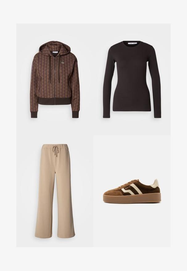 Brun lynlås hættejakke med et helt overflade geometrisk mønster, justerbare snore, ribbede manchetter og en kontrasterende kant. Lacoste logo på brystet.; Langærmet sort top lavet af blødt, strækbart stof. Har en rund halsudskæring og tætsiddende pasform med en glat tekstur og uden synlige mønstre.; Beige bukser med vide ben, elastik i taljen og snøre. Fremstillet af blødt stof med en glat struktur og med en syning i kanten.; Brun ruskind sneaker med beige striber, beige hælkappe, tyk gummisål og snørelukning, sidevisning på ensfarvet baggrund.