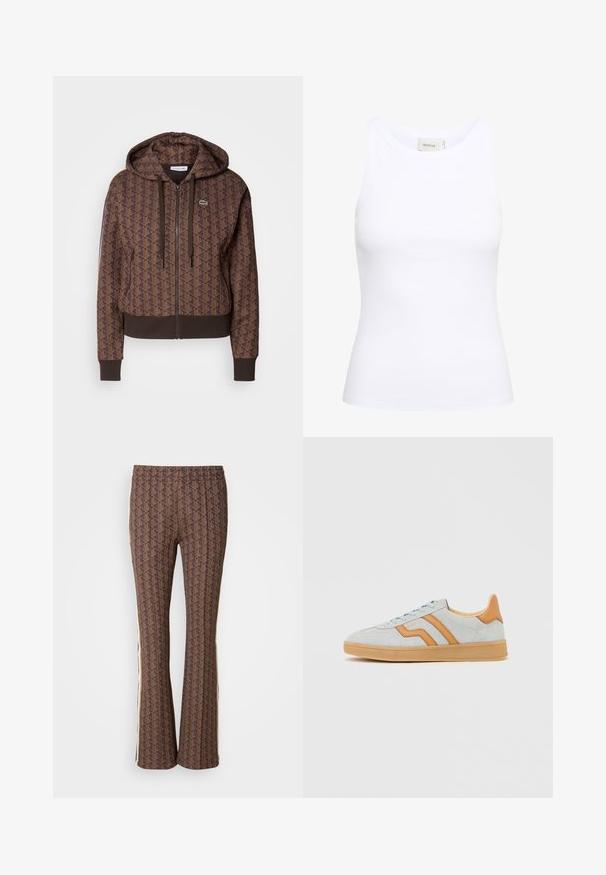 Brun lynlås hættejakke med et helt overflade geometrisk mønster, justerbare snore, ribbede manchetter og en kontrasterende kant. Lacoste logo på brystet.; Hvid ribbet tanktop med rund halsudskæring og uden ærmer. Strækbart stof og tætsiddende design. Etiketten bagpå viser "GESTUZ."; Brune mønstrede flared bukser med et struktureret design og sidelange striber. Elastisk talje for komfort.; Lysegrå ruskindssneaker med brune læderdetaljer, gummisål og lyseblå snørebånd, vist fra siden på en hvid baggrund.