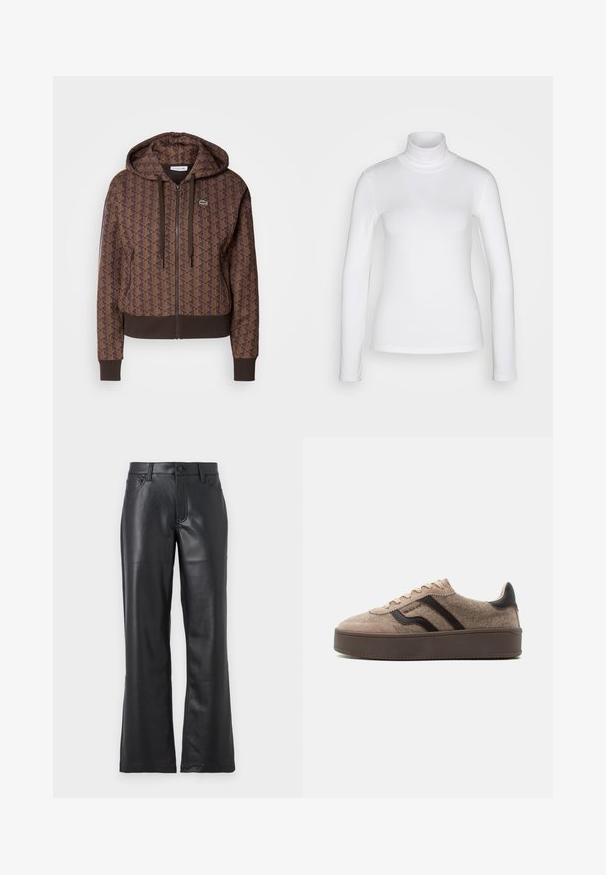 Ruskea vetoketjuhuppari, jossa on koko tekstuurilla oleva geometrinen kuvio, säädettävät nyörit, resorit hihansuissa ja erottuva helma. Lacoste-logo rinnassa.; Valkoinen pitkähiha pliseepaidan, joka on valmistettu sileästä ja joustavasta kankaasta. Ominaisuudet tiukka istuvuus ja korkea kaulus. Ei näkyviä kuvioita tai koristeita.; Mustat nahkahousut, joissa on levenevä muotoilu, etutaskut, vyölenkit ja nappikiinnitys. Sileä pinta, jossa näkyvät saumat.; Beige matalapohjainen tennari, jossa mokka- ja villapintoja, tummanruskeat aaltokuvioinnit, beigellä nauhat ja tumma ruskea pohja.