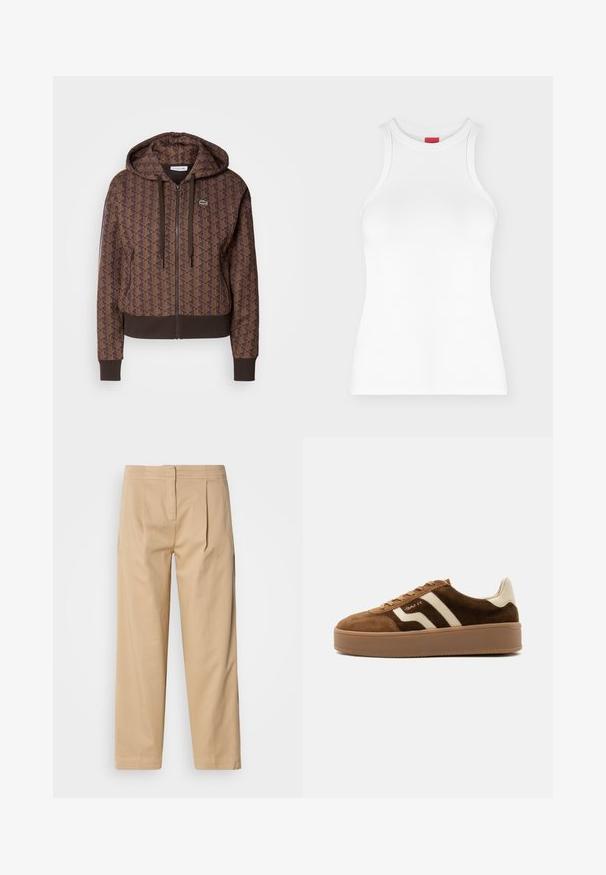 Brun lynlås hættejakke med et helt overflade geometrisk mønster, justerbare snore, ribbede manchetter og en kontrasterende kant. Lacoste logo på brystet.; Hvid ærmeløs ribbet tanktop med høj rund hals og tætsiddende pasform vist på en ensartet lys baggrund.; Beige bomuldsbukser med en afslappet pasform, der har to frontfolder, en lige ben-konstruktion og en klassisk knaplukning i taljen.; Brun ruskind sneaker med beige striber, beige hælkappe, tyk gummisål og snørelukning, sidevisning på ensfarvet baggrund.