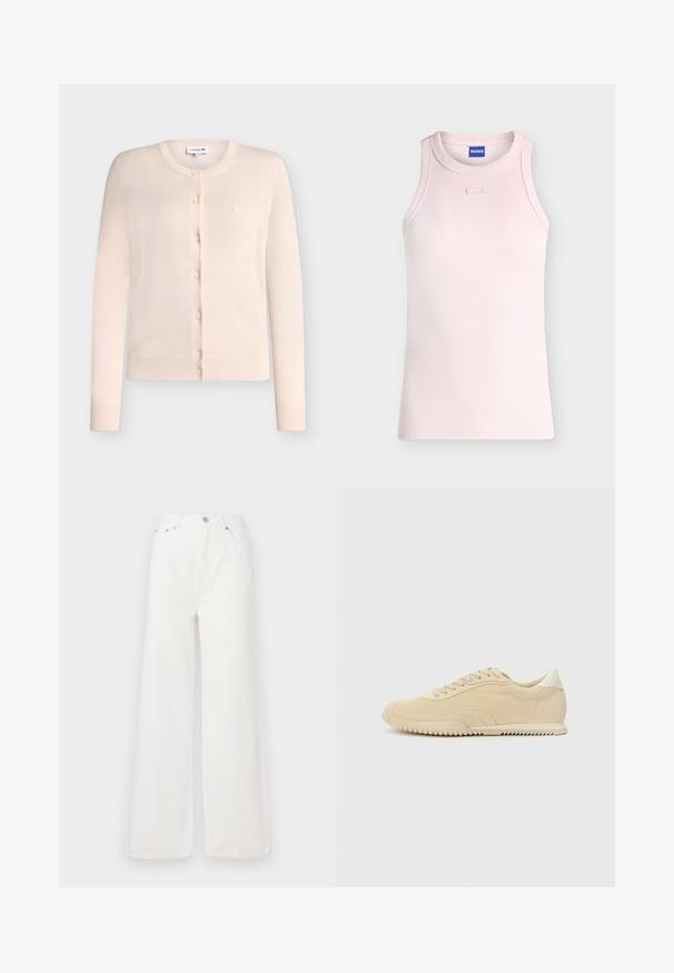 Cardigan rose clair à manches longues boutonné, avec poignets et ourlet côtelés, col rond et petit logo brodé sur la poitrine.; Débardeur côtelé rose clair sans manches avec un col rond et un petit détail rectangulaire en tissu sous le col, étiquette HUGO à l'intérieur du col.; Jeans large à taille haute blancs en denim. Comprend des poches avant, une fermeture à bouton et des détails d'ourlet effiloché.; Baskets en suede beige avec un design à lacets, dessus texturé, semelle en caoutchouc contrastante et un léger talon. Style minimaliste avec un branding subtil.
