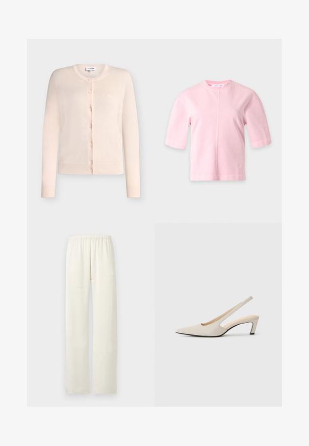 Cardigan rose clair à manches longues boutonné, avec poignets et ourlet côtelés, col rond et petit logo brodé sur la poitrine.; T-shirt rose clair à manches courtes, col rond et détail de couture verticale centrale sur un fond gris clair uni.; Pantalon droit de couleur crème avec une ceinture élastique, sans poches visibles ni ornements.; Escarpins beige à bride arrière avec un bout pointu, côtés ouverts et petit talon bloc. Texture en cuir lisse et design minimaliste.