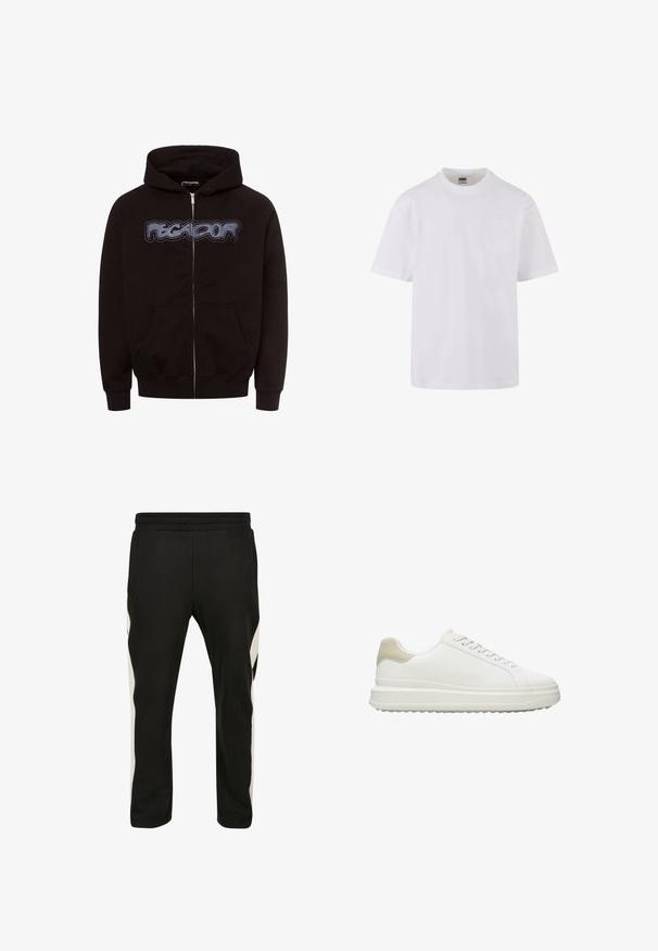 Haut à zip noir en tissu doux, présentant un graphique textuel "PEGA-DOR" bien visible sur la poitrine et deux poches avant.; T-shirt blanc à manches courtes en coton, avec un col rond et une poche simple du côté gauche de la poitrine.; Pantalons de sport noirs en tissu doux, dotés de poches latérales et d'une bande blanche contrastante le long des coutures extérieures. Ceinture élastique incluse.; Baskets blanches en cuir lisse avec un accent beige texturé au talon, dotées de lacets ronds, d'un design profil bas et d'une semelle extérieure en caoutchouc.