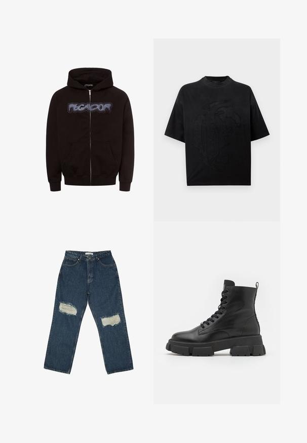 Sort zip-up hættetrøje lavet af blødt stof, med et fremtrædende "PEGA-DOR" tekstgrafik på brystet og to forlommer.; Sort oversized t-shirt med korte ærmer og rund halsudskæring med stort påsyet abstrakt design foran mod en ensfarvet hvid baggrund.; Blå denim jeans med en løs pasform, der har to slidte knælapper og et klassisk fem-lomme design med kontrasterende søm.; Sorte læder ankelstøvler med tykke gummisåler, rund tå og snørebånd foran. Har en bærehank og teksturerede detaljer på siderne.