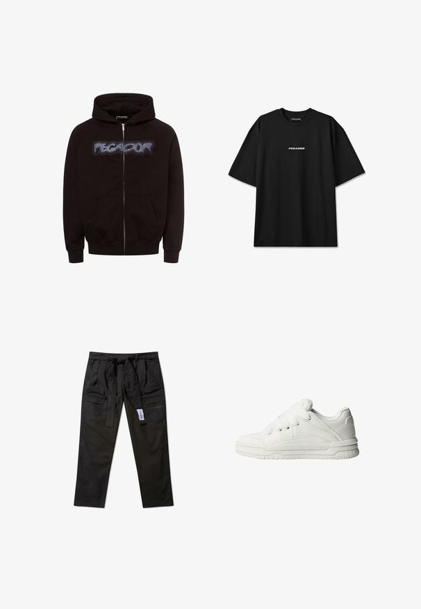 Sort zip-up hættetrøje lavet af blødt stof, med et fremtrædende "PEGA-DOR" tekstgrafik på brystet og to forlommer.; Sort oversized T-shirt med korte ærmer og hvidt "PEGADOR"-logo centreret på brystet.; Sorte cargo-bukser lavet af et holdbart materiale, med belted talje, fire lommer og lige ben.; Hvide sneakers med en glat læderoverflade, polstret tunge, flade snørebånd og strukturerede detaljer på siderne og hælen.
