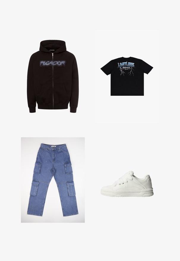 Sort zip-up hættetrøje lavet af blødt stof, med et fremtrædende "PEGA-DOR" tekstgrafik på brystet og to forlommer.; Sort bomulds t-shirt med et stort grafisk print i blå og hvid tekst på bagsiden, med lynlignende designelementer. Korte ærmer.; Blå denim cargo bukser med flere sidelommer, design med lige ben og en klassisk talje. Stoffet har en let tekstur og falming.; Hvide sneakers med en glat læderoverflade, polstret tunge, flade snørebånd og strukturerede detaljer på siderne og hælen.