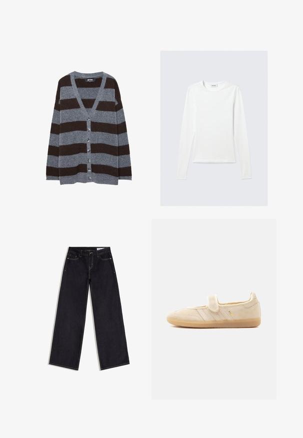 Cardigan rayé gris et marron avec un col en V, une fermeture à boutons et une texture douce. Caractérisé par des boutons arrondis et des manches longues.; T-shirt blanc uni à manches longues avec col rond et coupe slim, présenté sur un fond gris clair.; Jean bleu foncé à jambes larges avec poches avant, passants de ceinture et surpiqûres contrastantes, posé à plat sur un fond blanc.; Baskets Mary Jane en daim beige avec sangle auto-agrippante, semelle en gomme, trois bandes cousues et marquage doré "SAMBA" sur le côté.