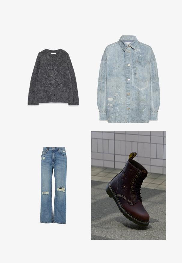 Grå, fuzzy cardigan med en blød tekstur, rund halsudskæring, for-placerede lommer og seks sorte knapper ned i midten.; Lyseblå denim-skjortejakke med spids krave, knaplukning foran, enkelt brystlomme og en let oversize pasform.; Lyseblå denim jeans med højtalje, bred benpasform, slidte huller ved knæene og klassisk fem-lomme design.; Mørkebrun læderstøvle med blomsterprægning og gul syning, placeret opret på en tekstureret fortov med flisebelagt væg i baggrunden.