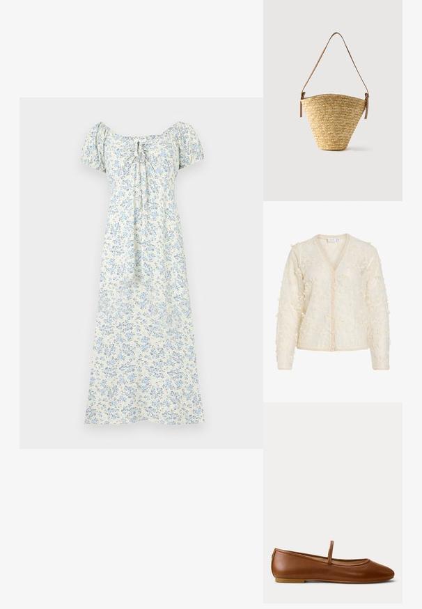 Cardigan à manches longues couleur crème avec une texture en dentelle florale, boutons en perle sur le devant, et bord-côte au col, aux poignets et à l'ourlet.; Robe midi blanche avec imprimé floral bleu clair, manches courtes bouffantes, encolure froncée et détail noué à l'avant.; Chaussure plate Mary Jane en cuir marron avec bout arrondi et une seule bride sur le dessus, vue de côté sur un fond uni.; Sac seau en paille tissée avec une base large, un sommet étroit et une bandoulière en cuir marron ajustable.