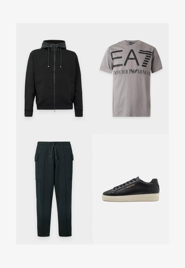 Sort zip-up hoodie lavet af blødt stof. Har mønstret foret i hætten, snoretræk og sidelommer. Glat tekstur, afslappet pasform.; Grå T-shirt med korte ærmer med stor sort "EA7" og mindre "Emporio Armani" tekst og logo på brystet.; Sorte joggingbukser med snøre i taljen, sidelommer, detaljer med cargolomme og synlige sømmer. Blødt stof med en afslappet pasform.; Sorte lædersneakers med en glat finish, kontrasterende cremefarvet sål, rund tå, guld logo på siden og seks huller til snørebånd.