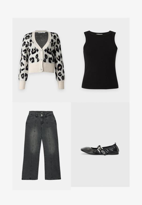 ONLY ONLSARA GLITTER - Vest - pumice stone/black/gold glitter; Zwarte geribde mouwloze tanktop met een ronde halslijn en een aansluitende pasvorm.; Wijduitlopende jeans van donkergrijs denim. Kenmerken omvatten een knoopsluiting, twee voorkantzakken en verticale stiksels voor detail. Versleten plekken aanwezig.; Zwarte leren platte schoen met een spitse neus, geplooide details rond de opening en een zilveren gespaccentueerde verstelbare band.