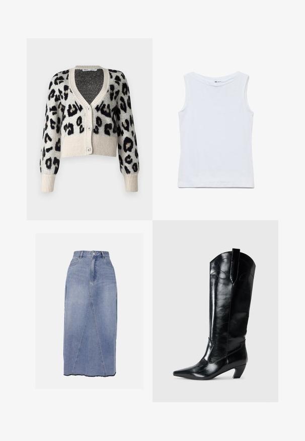 ONLY ONLSARA GLITTER - Vest - pumice stone/black/gold glitter; Mouwloze witte katoenen top met een brede ronde hals en rechte zoom, plat uitgestald op een witte achtergrond.; Denim midi-rok in lichtblauw, met een hoge taille, voornaadnaden en een ongelijkmatig zoom met ruwe randen voor een getextureerde afwerking.; Zwarte leren kniehoge laarzen met een spitse neus, lage hak en decoratieve stiksels aan de zijkanten. Gladde glanzende afwerking.