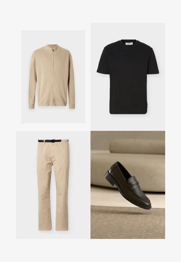 Pull beige zippé avec un col montant, une texture côtelée et des manches longues. Des lignes épurées et des détails de coutures subtiles rehaussent son design.; T-shirt noir uni à manches courtes et col rond, avec une petite étiquette de marque sur l'ourlet latéral inférieur.; Pantalon beige à jambes droites avec ceinture noire ajustable, taille élastique d'un côté et couture décorative à l'avant.; Chaussure loafer en cuir noir reposant sur un tapis beige avec un canapé beige courbé en arrière-plan.