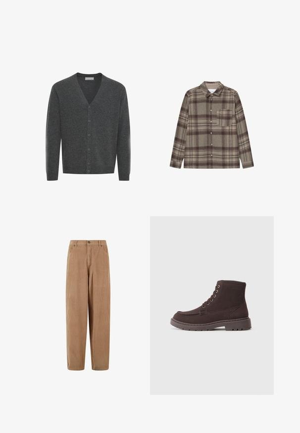 Grå uld cardigan med V-hals, frontknapper og ribstrikkede manchetter. Blød tekstur og tætsiddende design.; Brun ternet flannel skjorte med klassisk krave, lange ærmer, knaplukning foran og en brystlomme. Blødt stof med subtile mønstre.; Kamelsnore bukser i lys brun med lige ben-design, med knaplukning og sidelommer, struktureret ribbet overflade.; Brune ruskindsankelstøvler med snørebåndsdesign, der har metaløjer, en gummisål med treads og en forstærket tåcap.