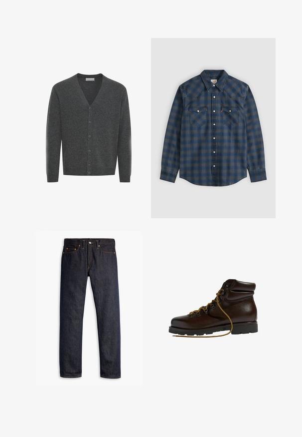Grå uld cardigan med V-hals, frontknapper og ribstrikkede manchetter. Blød tekstur og tætsiddende design.; Langærmet blå og grå ternet skjorte med knapper, spids krave og to knaplukker på brystlommerne.; Mørkeblå denimjeans med lige pasform, fem-lomme design, kobbernitter, gul syning og et markant struktureret stof.; Brun læder vandrestøvle med en afrundet tå, tekstureret overflade, gule snørebånd og metaløjer. Har en robust sort gummisål.
