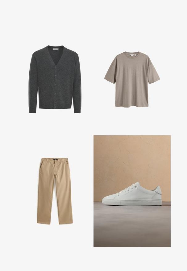 Grå uld cardigan med V-hals, frontknapper og ribstrikkede manchetter. Blød tekstur og tætsiddende design.; Beige kortærmet t-shirt med rund hals, løs pasform og diskret broderet logo på venstre bryst.; Beige bukser med lige ben, knap- og lynlåslukning, bæltestropper og sidelommer, lagt fladt på en hvid baggrund.; Hvid læderlav-top sneaker med snørebånd, placeret i luften over et struktureret beige tæppe, tæt på et rundt træ sofabord med bøger.