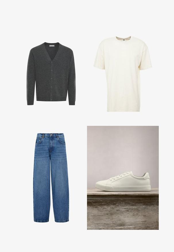 Grå uld cardigan med V-hals, frontknapper og ribstrikkede manchetter. Blød tekstur og tætsiddende design.; T-shirt med korte ærmer og rund hals i lys cremefarve. Fremstillet af blødt bommateriale med en afslappet pasform og minimale sømme.; Vida jeans i medium blå denim. Har en høj talje, klassisk fem-lomme design og subtil fading langs benene. Standard kant.; Hvide snørresneakers svævende over en træbænk med grønne planter i baggrunden, der fremhæver skodesign og tekstur.