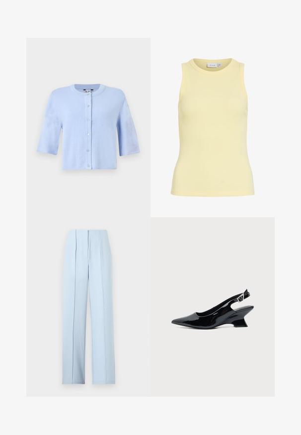 Cardigan bleu clair à manches courtes avec col rond et fermeture à boutons sur un fond uni.; Débardeur côtelé sans manches jaune pâle avec encolure ronde, en tissu extensible, marque VILA, taille M.; Pantalon large taille haute bleu clair avec plis devant et fermeture à glissière cachée sur un fond uni.; Chaussure slingback en cuir verni noir avec bout pointu et petit talon bloc incliné sur fond clair uni.