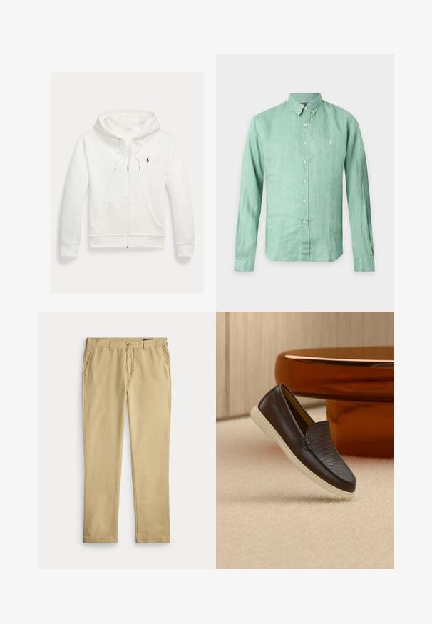 Hvid zip-up hættetrøje med forlommer og lille sort Polo Ralph Lauren logo på venstre bryst.; Lysegrøn langærmet skjorte med knapper og knapkrave samt lille, hvidt broderet logo på venstre bryst.; Beige herrebukser med lige ben med bæltestropper, knaplukning foran, lynlås og sidelommer på en ensfarvet hvid baggrund.; Mørkebrun læderloafer med tekstureret overdel og hvid sål, placeret på beige tæppe nær rundt, blankt brunt bord.