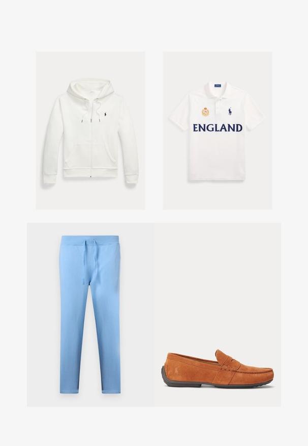 Valkoinen vetoketjullinen huppari, jossa etutaskut ja pieni musta Polo Ralph Lauren -logo vasemmassa rinnassa.; Valkoinen poolopaita, jossa 'ENGLAND' tummansinisin kirjaimin, vasemmalla rinnalla punainen ja kultainen vaakuna sekä oikealla rinnalla tummansininen Polo Ralph Lauren -logo.; Vaaleansiniset vetoketjusamet-housut, joissa sivutaskut ja pieni valkoinen ommeltu logo vasemman reiden yläosassa.; Ruskeat mokkasiinit miehille, joissa ompeluskoristeita, pennytasku päällä ja tumma kumipohja.