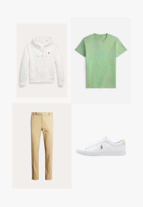 Weißes Kapuzen-Sweatshirt mit Reißverschluss, Fronttaschen und kleinem schwarzem Polo Ralph Lauren Logo auf der linken Brust.; Kurzarm-T-Shirt mit Rundhalsausschnitt aus hellgrünem Baumwollstoff. Mit kleinem orangefarbenem Logo auf der Brust bestickt. Glatte Textur, lässige Passform.; Beige Hose mit geradem Bein, Gürtelschlaufen, vorderem Reißverschluss und umgeschlagenen Säumen, vor einem schlichten hellen Hintergrund gezeigt.; Weiße Leinensneaker im Low-Top-Design mit einem beigen Ferseneinsatz und einem kleinen gestickten Logo an der Seite. Gummisohle.