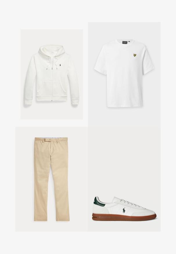 Hvid zip-up hættetrøje med forlommer og lille sort Polo Ralph Lauren logo på venstre bryst.; Hvid t-shirt med korte ærmer og rund halsudskæring med et lille gult og sort fuglelogo på venstre bryst og et sort mærke inden i kraven.; Beige bukser med lige ben, bæltestropper og frontlynlås, lagt fladt mod en hvid baggrund.; Hvide lædersneakers med grøn hælaccent, tekstureret ruskindspanel, gummisål og broderet logo på siden. Har snørebåndsdesign.