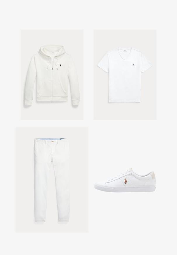 Hvid zip-up hættetrøje med forlommer og lille sort Polo Ralph Lauren logo på venstre bryst.; Hvid V-hals T-shirt med korte ærmer og lille mørkeblå Polo Ralph Lauren-logo på venstre bryst, vist fladt på en lys baggrund.; Hvide bomuldschinos med slank pasform, med en enkelt guldknaplukning og lyseblåt inderliv. Glat tekstur uden mønstre.; Hvide kanvas sneakers med lågtop design, prydet med en beige hælkappe og et lille broderet logo på siden. Gummisål.