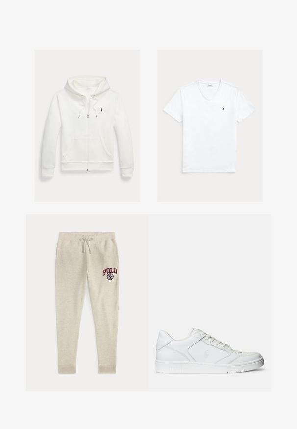 Witte capuchontrui met rits, frontzakken en een klein zwart Polo Ralph Lauren-logo op de linkerborst.; Witte T-shirt met V-hals en korte mouwen, met klein marineblauw Polo Ralph Lauren-logo op de linkerborst, plat weergegeven op een lichte achtergrond.; Beige joggingbroek met trekkoord, zijzakken en rood "POLO"-logo en embleem op de bovenste linker dij.; Witte leren sneaker met een gladde textuur, voorzien van een geperforeerde neus, vetersluiting en geborduurde logo aan de zijkant. Witte rubberen zool.