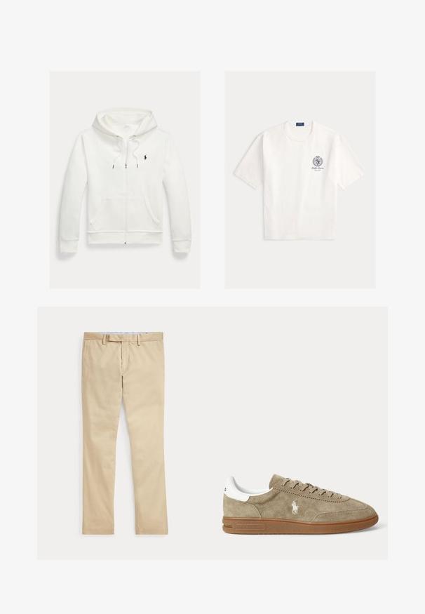 Valge lukuga kapuutsiga dressipluus esistaskute ja vasakul rinnal oleva väikese musta Polo Ralph Laureni logoga.; Valge puuvillane T-särk, millel on ümmargune kaelus, lühikesed varrukad ja sinine embleem vasakul rinnal, millel on kiri "Ralph Lauren New York".; Beeži sirgete säärega püksid vööaasade ja ees oleva tõmblukuga, laotatud tasaselt valgele taustale.; Madala säärega beežid seemisnahast tossud pruunide tallade, valge kandade detaili, paelte ja valge poolomängija logoga tikandiga küljel.