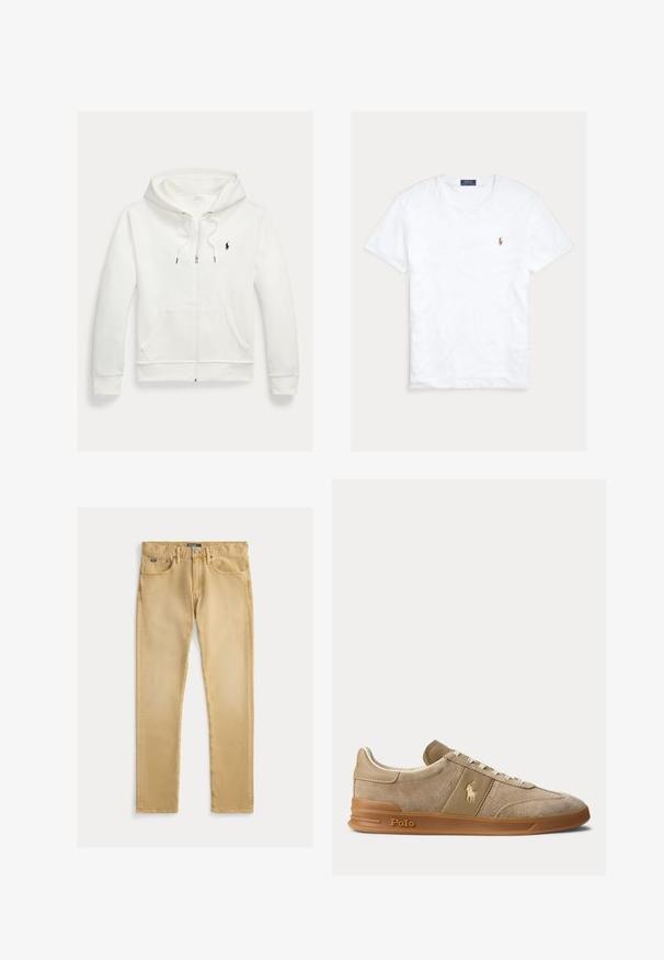 Valge lukuga kapuutsiga dressipluus esistaskute ja vasakul rinnal oleva väikese musta Polo Ralph Laureni logoga.; Valge lühikeste varrukatega ümara kaelusega T-särk, millel on väike Polo Ralph Laureni tikitud logo vasakul rinnal ning sinine kaubamärgi silt krae sees.; Beige puuvillased teksad, millel on kitsas lõige, viie tasku disain ja nähtav õmblus. Omab metallist nöpp ja silt vööl.; Beež color veluurist ja nahast madala säärega toss kummikõrrega, valgete paelte ja Polo logoga küljel ning tallal.