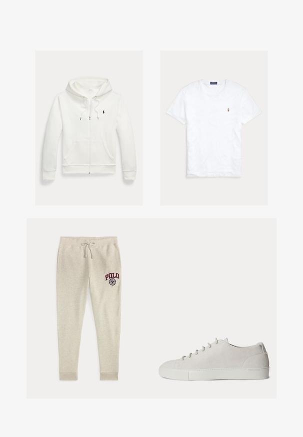 Weißes Kapuzen-Sweatshirt mit Reißverschluss, Fronttaschen und kleinem schwarzem Polo Ralph Lauren Logo auf der linken Brust.; Weißes T-Shirt mit Rundhalsausschnitt und kurzen Ärmeln, mit kleinem gesticktem Polo Ralph Lauren Logo auf der linken Brust und blauem Markenetikett innen am Kragen.; Beige Sweathose mit Kordelzug und Seitentaschen sowie rotem "POLO"-Logo und Emblem am oberen linken Oberschenkel.; Weißer Low-Top Veloursleder-Sneaker mit Schnürung vorne und Gummisohle, minimalistisches Design.