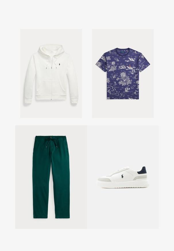 Hvid zip-up hættetrøje med forlommer og lille sort Polo Ralph Lauren logo på venstre bryst.; Mørkeblå T-shirt med korte ærmer med hvide tropiske illustrationer, herunder både, palmer og tekst med oplysninger om steder i Bahamas.; Polo Ralph Lauren POLO PREPSTER STRETCH CLASSIC FIT PANT - Bukser - frond green; Hvid lav sneakers med sort hælflap, grå ruskindsdetaljer, tyk sål og sort Polo-logo på ydersiden.