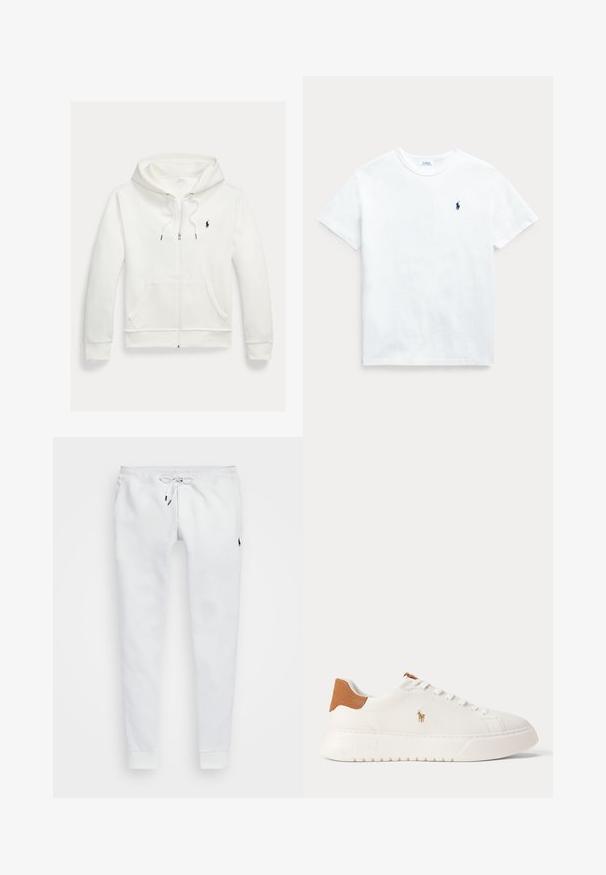 Hvid zip-up hættetrøje med forlommer og lille sort Polo Ralph Lauren logo på venstre bryst.; Hvid bomulds t-shirt med korte ærmer, rund hals og et lille marineblåt logo på venstre bryst. Glat tekstur og klassisk pasform.; Hvide træningsbukser lavet af blødt stof, med en træk-snor i taljen, sidelommer og ribbede manchetter. Lille logo på låret.; Hvid lavtop sneaker med tan hælfane, hvide snørebånd og lille broderet polo-spiller logo på siden over en tyk sål.
