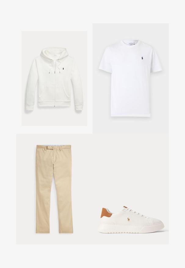 Witte capuchontrui met rits, frontzakken en een klein zwart Polo Ralph Lauren-logo op de linkerborst.; Wit T-shirt met korte mouwen en ronde hals met klein donkerblauw polo spelerslogo op de linkerborst.; Beige broek met rechte pijpen, ceintuurlussen en een voorrits, plat gelegd tegen een witte achtergrond.; Witte lage sneaker met beige hieltab, witte veters en klein geborduurd polo spelerlogo aan de zijkant boven een dikke zool.