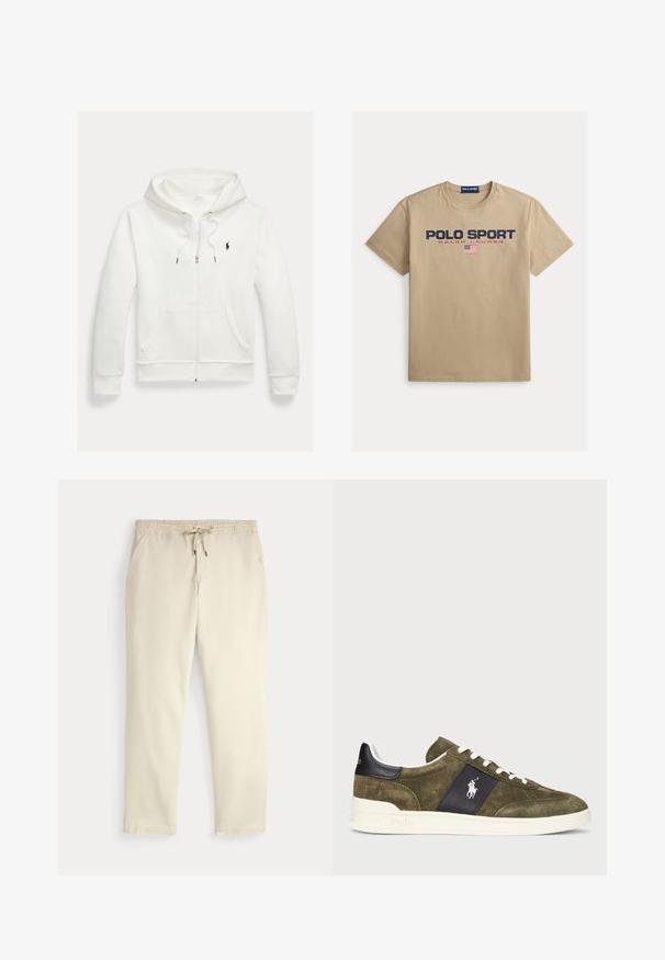 Hvid zip-up hættetrøje med forlommer og lille sort Polo Ralph Lauren logo på venstre bryst.; Beige bomulds-T-shirt med korte ærmer, med teksten "POLO SPORT" og "RALPH LAUREN" i marineblå og rød samt et lille amerikansk flag som detalje.; Off-white afslappede bukser med elastisk talje og snor, lige ben og sidelommer mod en ensfarvet baggrund.; Olivengrøn ruskindssneakers med et marineblåt accentpanel, hvide snørebånd og et logo. Har en struktureret overflade og en hvid gummisål.