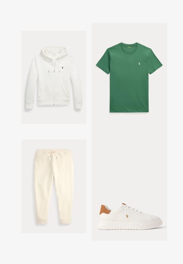 Hvid zip-up hættetrøje med forlommer og lille sort Polo Ralph Lauren logo på venstre bryst.; Grøn T-shirt med korte ærmer og rund hals med lille hvid Polo Ralph Lauren hestelogo på venstre bryst.; Joggebukser i cremefarve med forlommer, elastisk talje og snøre til at binde, vist fladt på en lys baggrund.; Hvid lavtop sneaker med tan hælfane, hvide snørebånd og lille broderet polo-spiller logo på siden over en tyk sål.