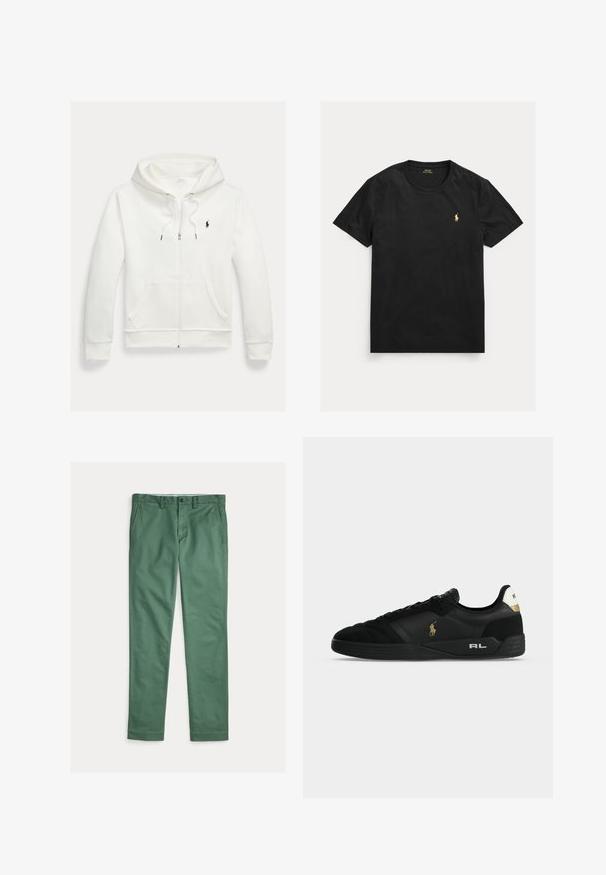 Valge lukuga kapuutsiga dressipluus esistaskute ja vasakul rinnal oleva väikese musta Polo Ralph Laureni logoga.; Must t-särk lühikeste varrukatega ja ümara kaelusega, vasakul rinnal väike kollane Polo Ralph Laureni logo.; Meeste rohelised sirge säärega püksid esitaskute, vööaasade ja nupuga sulgemisega, esitatud valgel taustal lahtilõigatult.; Mustad madala lõuaga toss, kuldse Polo logoga külje peal, valge kannatäpp Polo tekstiga ja mustal tallal valgete tähtedega "RL".