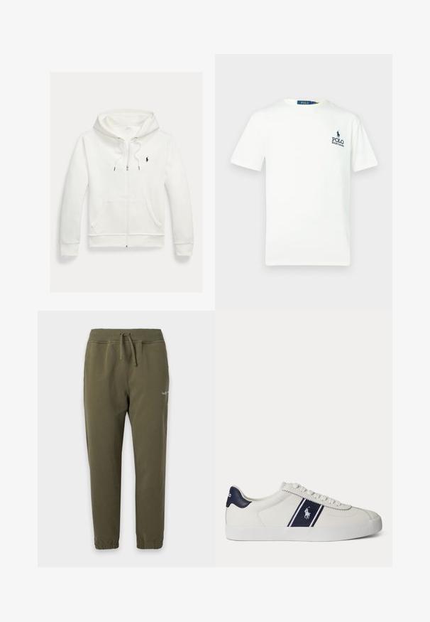 Hvid zip-up hættetrøje med forlommer og lille sort Polo Ralph Lauren logo på venstre bryst.; Hvid bomulds t-shirt med rund hals, korte ærmer og et blåt "POLO Ralph Lauren" logo på venstre bryst.; Joggingbukser i olivengrøn med elastik i taljen og ved anklerne, snøre og lille hvidt logo på øvre lår.; Hvid lav sneakers med mørkeblå stribe og logo på siden samt mørkeblå hælkappe, flad hvid sål og hvide snørebånd.