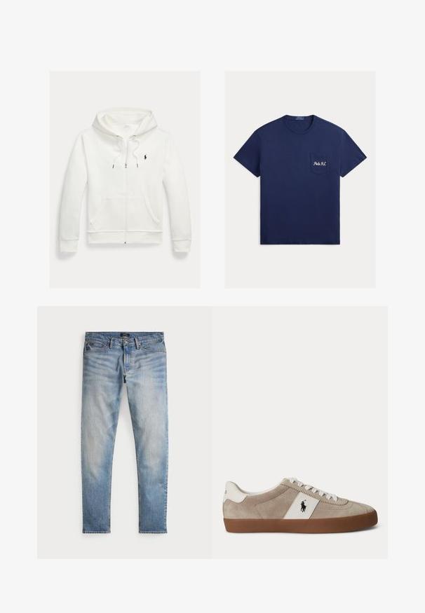 Valkoinen vetoketjullinen huppari, jossa etutaskut ja pieni musta Polo Ralph Lauren -logo vasemmassa rinnassa.; Tummansininen puuvillainen t-paita, jossa on pyöreä pääntie, lyhyet hihat ja vasemman rinnan tasku, jossa on brodeerattu "Polo RL" -teksti.; Vaaleansiniset farkut, joissa on haalistunut pinta, viisi taskua ja kontrastiväriset ompeleet. Varustettu vetoketjullisella suljennalla ja vyölenkeillä. Suora leikkaus.; Beigen värinen mokkanahkainen matalan mallinen lenkkari, jossa valkoiset kengännauhat, valkoinen nahkakoristelu mustalla hevosen logolla ja ruskea kumipohja.