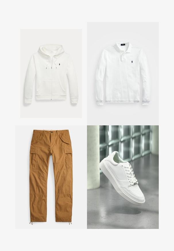 Valge lukuga kapuutsiga dressipluus esistaskute ja vasakul rinnal oleva väikese musta Polo Ralph Laureni logoga.; Valge pika varrukaga polo särk, mis on valmistatud puuvillast, klassikalise krae, kolme nupuga ja tumesinine logo vasakul rinnal.; Beežid puuvillased püksid mitme taskuga, lõdva istuvusega ja nöörkinnitustega sääreotstes pikkuse reguleerimiseks.; Valge nahast vabaajajalanõu ümara ninaga, paeltega ees ja tasase kummitaldaga. Omaduseks on perforatsioonid ja peen logo.