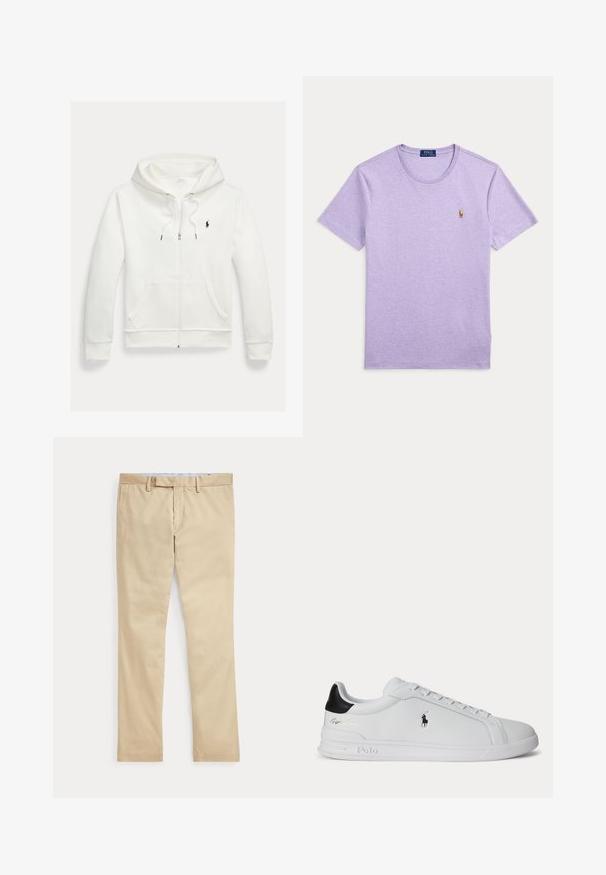 Biela mikina na zips s kapucňou, s prednými vreckami a malým čiernym logom Polo Ralph Lauren na ľavej strane hrudníka.; Levanduľové tričko s krátkym rukávom a okrúhlym výstrihom, s malým vyšitým logom Polo Ralph Lauren na ľavej hrudi.; Béžové nohavice s rovnými nohavicami, s pútkami na opasok a predným zipsom, položené na bielom pozadí.; Biela nízka teniska s čiernou pätovou pätkou, šnúrkami a logom Polo Ralph Lauren na boku, so zvýraznenými detailmi na podrážke.