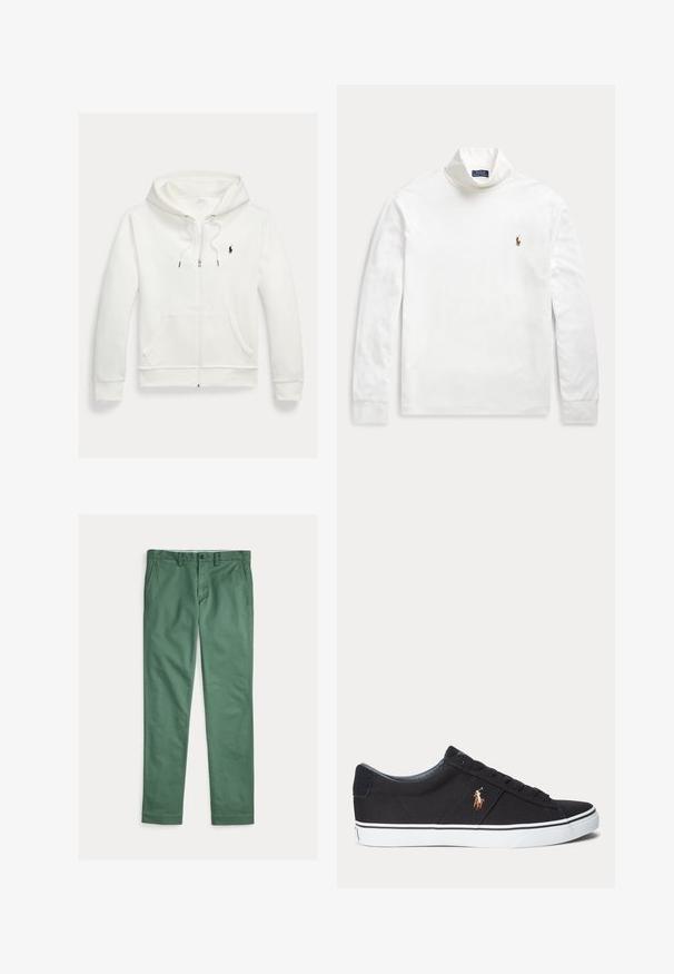 Valge lukuga kapuutsiga dressipluus esistaskute ja vasakul rinnal oleva väikese musta Polo Ralph Laureni logoga.; Valge pikkade varrukatega kõrge kaelakaelaga särk, millel on väike tikitud hobuse ja ratsaniku logo vasakul rinnal.; Meeste rohelised sirge säärega püksid esitaskute, vööaasade ja nupuga sulgemisega, esitatud valgel taustal lahtilõigatult.; Mustad madala säärega tossud valge kummist tallaga ja küljele tikitud pruun hobuse logo.