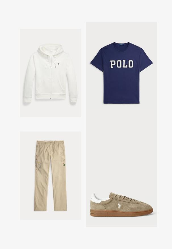 Biela mikina na zips s kapucňou, s prednými vreckami a malým čiernym logom Polo Ralph Lauren na ľavej strane hrudníka.; Námornícky modré tričko vyrobené z bavlny, s veľkým bielym grafickým nápisom "POLO", okrúhlym výstrihom a krátkymi rukávmi.; Béžové bavlnené nohavice s vyšívanými motívmi, vrátane stromov a hôr, so zapínaním na gombíky a pútkami na opasok.; Semišové tenisky v béžovej farbe s bielymi detailmi, s okrúhlou špičkou a viazaním. Obsahujú embosované logo a gumovú podrážku pre lepšiu trakciu.